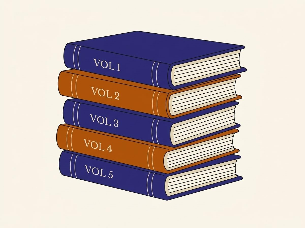 Tumpukan jilid buku referensi bersampul indigo dan brass, menyerupai rak perpustakaan glosarium