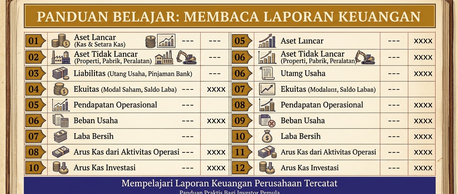 Halaman ledger bernomor menyerupai neraca dan laporan keuangan cetak
