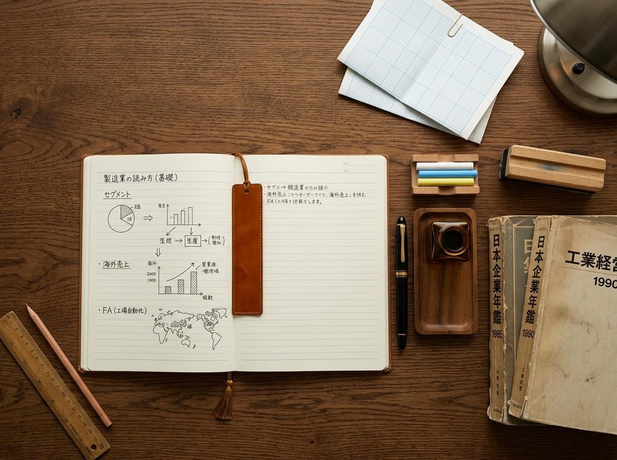 製造業の講義を整理するノートと教材のイラスト